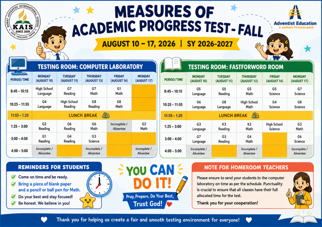 MAP Test Schedule SY2026-2027